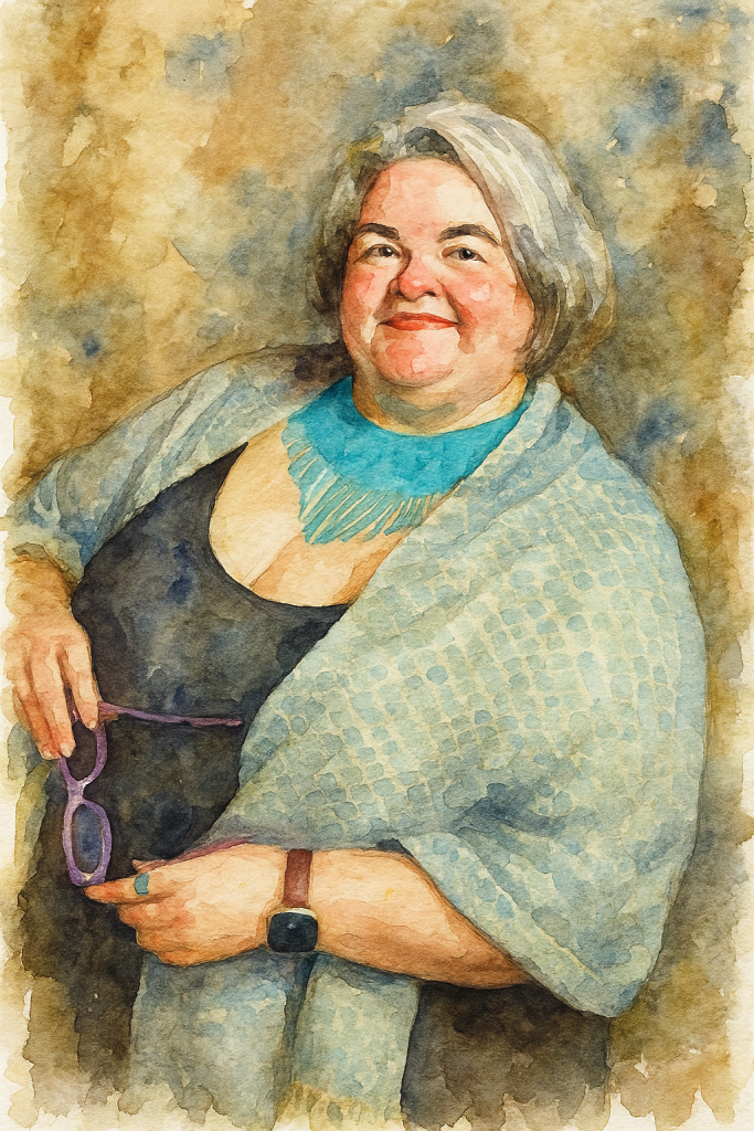 Watercolor portrait of a smiling, plus-sized woman with short silver hair. She wears a black top, a patterned blue-gray shawl, and a bright turquoise beaded necklace. She holds a pair of purple glasses in one hand and wears a smart watch and turquoise ring. The background features soft, earthy tones that blend in a painterly style.