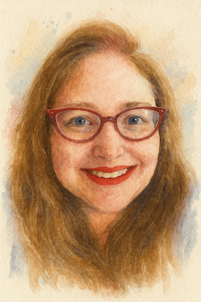 Watercolor portrait of a smiling woman with long, wavy light brown hair, wearing red cat-eye glasses and bright red lipstick. The background features soft, blended pastel tones, giving the image a warm and artistic feel.