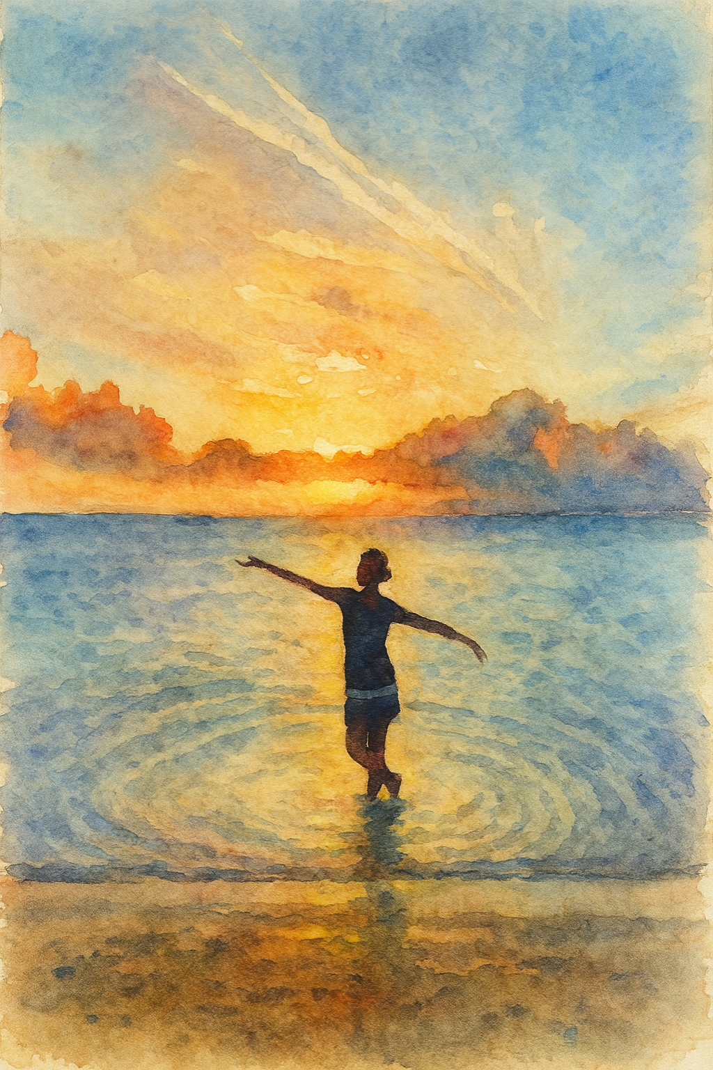 A watercolor painting of a serene beach scene at sunset, featuring a silhouetted person dancing in shallow water. The sky is filled with warm hues of orange, pink, and purple, blending into soft blues. Gentle ripples form around the figure’s feet, and a distant boat is visible on the horizon beneath dramatic, cloud-touched skies.
