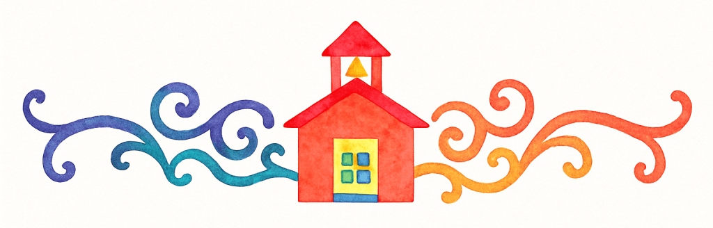 Whimsical watercolor illustration of a red schoolhouse with a bell tower, flanked by colorful swirling designs in shades of blue, teal, yellow, orange, and red, symbolizing creativity and learning.