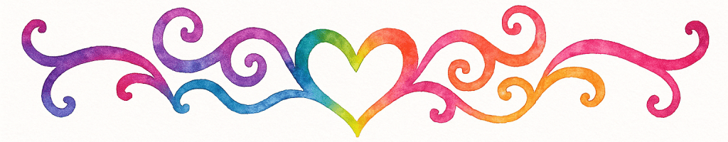 Vibrant watercolor illustration of a central heart shape formed by a gradient of rainbow colors, surrounded by whimsical swirling flourishes in shades of purple, blue, red, orange, and yellow.