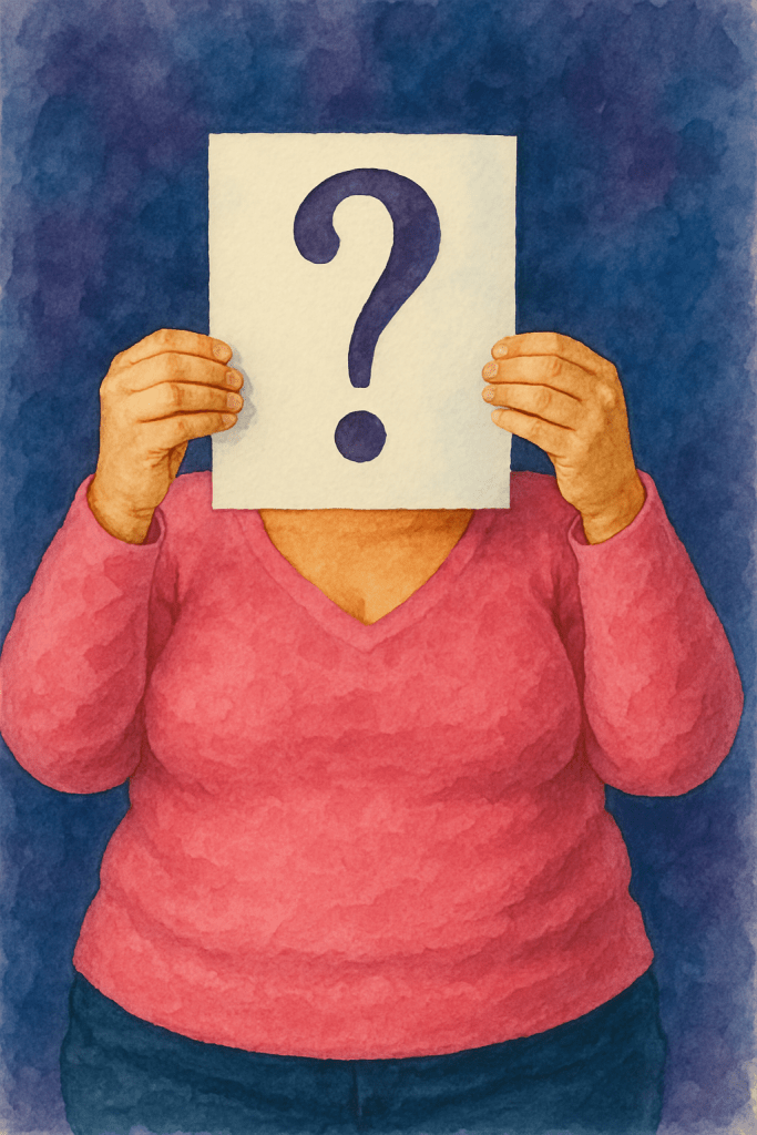 Watercolor illustration of a person wearing a pink long-sleeve shirt and dark pants, holding a piece of paper with a large purple question mark in front of their face, obscuring their identity. The background is a textured mix of dark and light blue hues.
