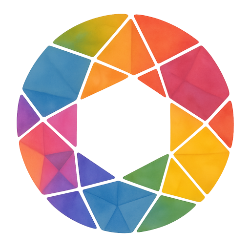 A circular geometric design composed of multicolored triangular and quadrilateral shapes arranged in a ring pattern. The shapes resemble fragments of a kaleidoscope, with vivid colors including red, orange, yellow, green, blue, and purple. The center of the circle is white and hollow, creating a camera aperture–like effect. Each colored shape has a watercolor texture and is surrounded by a soft, glowing aura that blends into the white background.