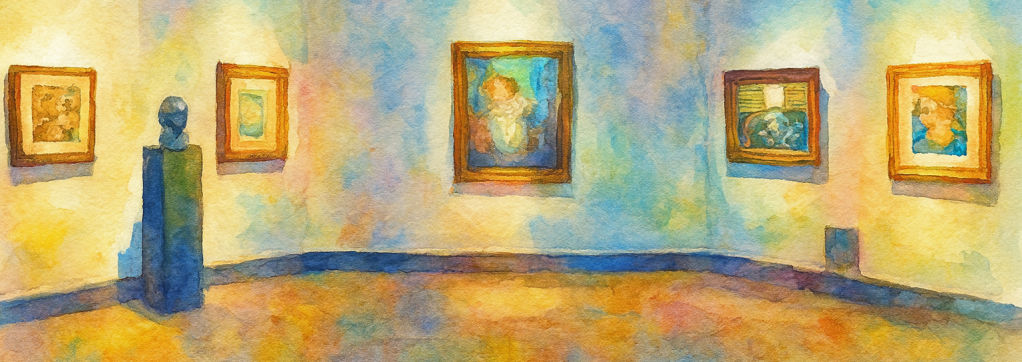 A watercolor painting of an art gallery interior featuring five framed artworks and a sculpture on a pedestal. The room has softly curved white walls and a high ceiling with decorative molding. Warm, focused lighting highlights each artwork, casting subtle shadows. The watercolor style blends soft blues, oranges, and yellows across the walls and floor, creating a dreamy, vibrant atmosphere. The artworks include portraits and still lifes in golden and wooden frames, and the sculpture appears to be a classical bust.
