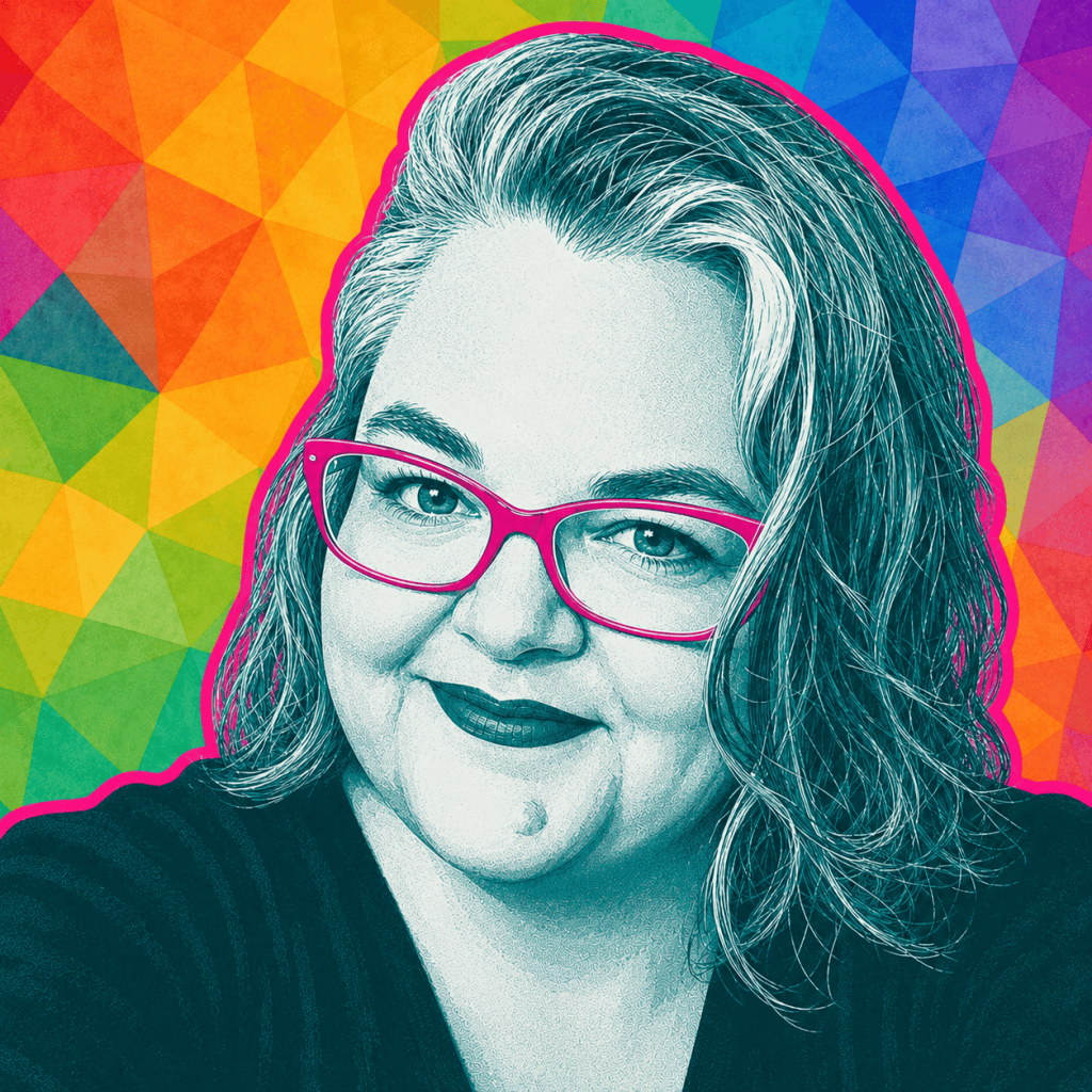 Pop-art style portrait of a woman with bright fuchsia glasses outlined in pink against a vibrant rainbow kaleidoscope background.