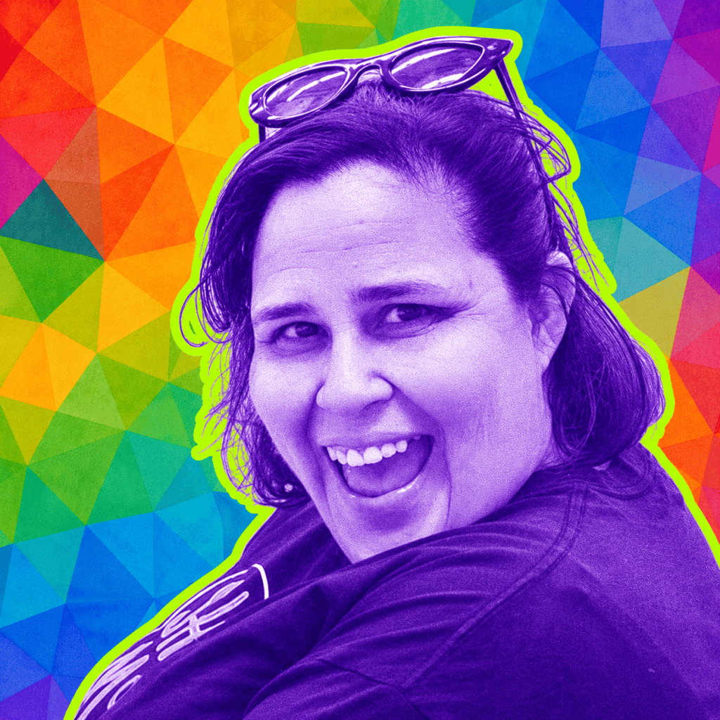 Purple-toned pop-art portrait of a smiling woman outlined in lime green against a vibrant rainbow kaleidoscope background.