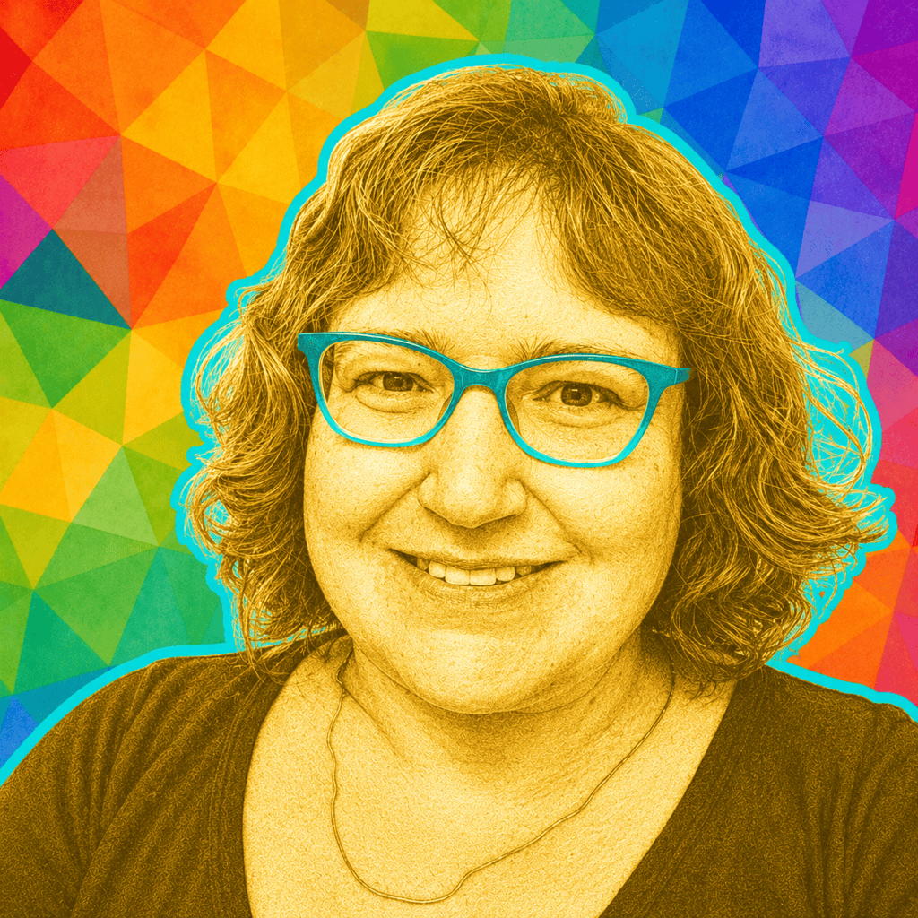 Gold-toned pop-art portrait of a smiling woman with turquoise glasses and a bright turquoise outline against a vibrant rainbow kaleidoscope background.